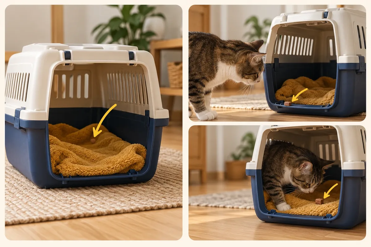 Caisse rendue familière avec couverture et friandise pour attirer le chat