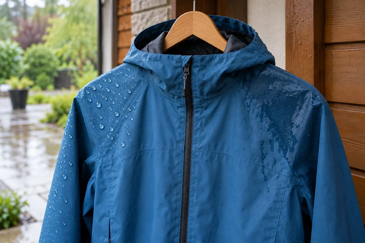 Une veste de pluie bleue présente des gouttes rondes sur une épaule et une large zone mouillée sur l’autre.