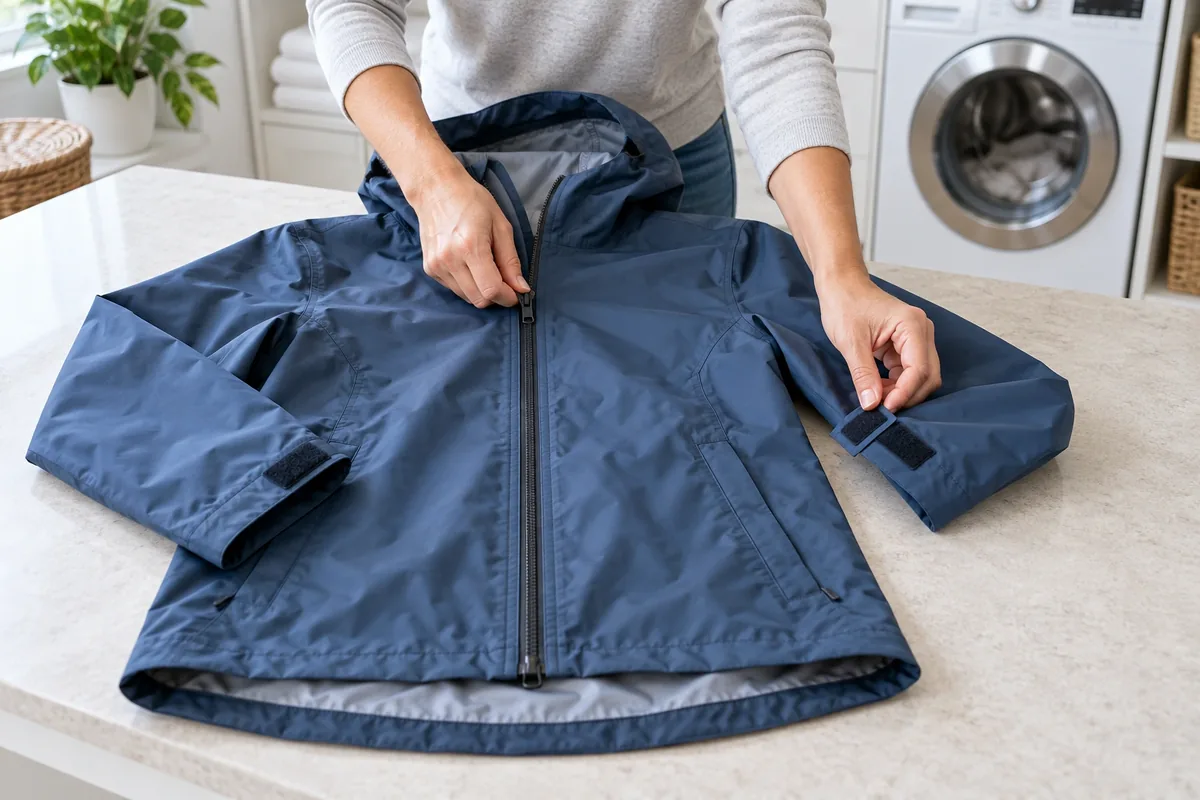 Deux mains ferment le zip et la patte de poignet d’une veste de pluie posée devant une machine à laver.