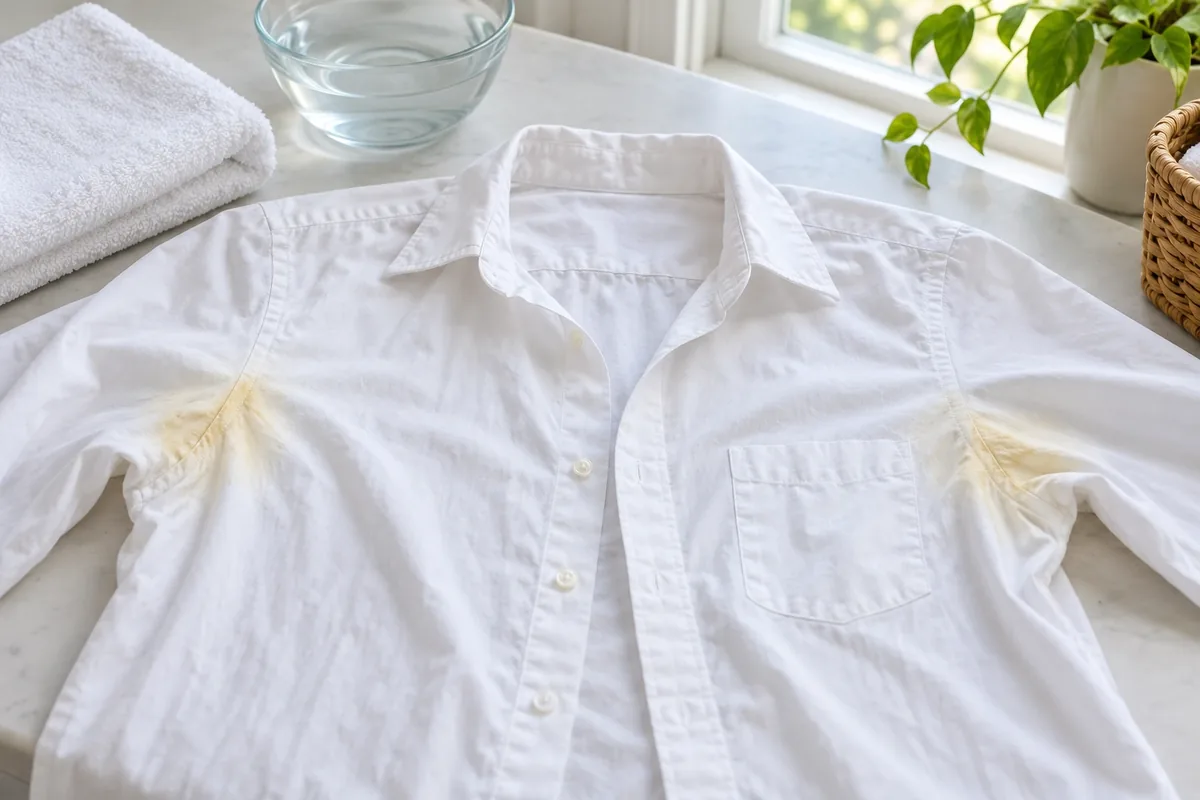 Une chemise blanche posée sur une table présente deux auréoles jaunes visibles au niveau des aisselles.