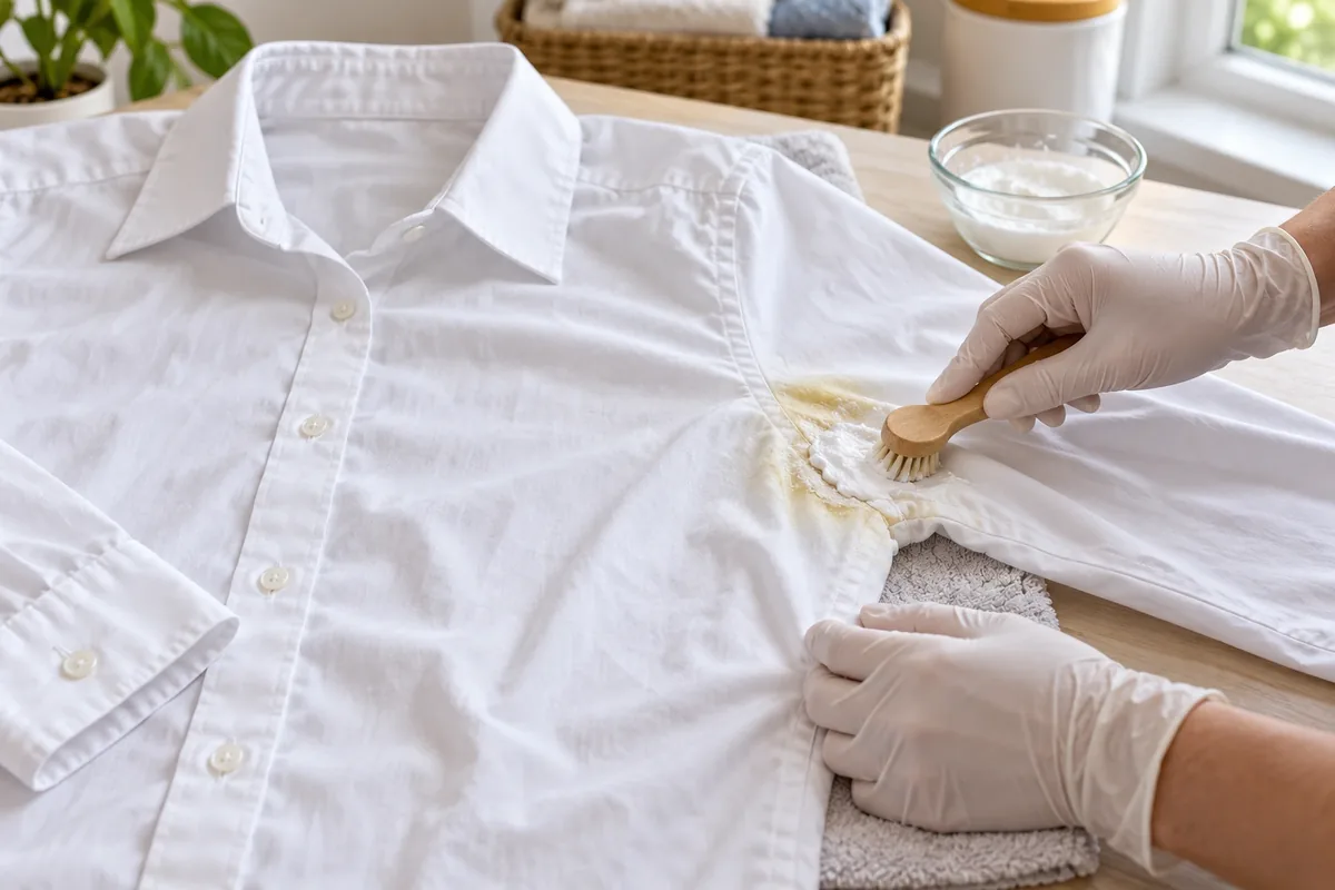 Deux mains gantées étalent doucement une pâte blanche sur l’auréole jaune d’une chemise à col boutonné.