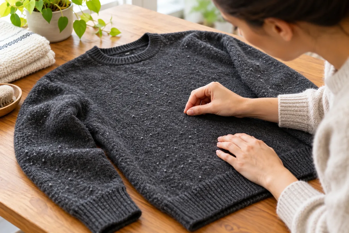 Une femme inspecte un pull gris très bouloché, posé à plat sur une table en bois sous une lumière claire.
