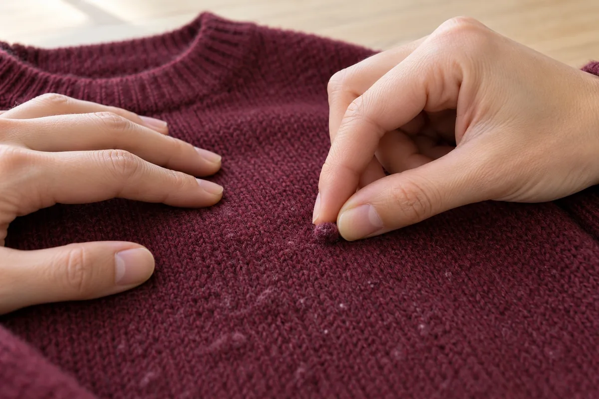 Deux mains retirent délicatement une bouloche isolée d’un pull bordeaux sans tirer sur les mailles.