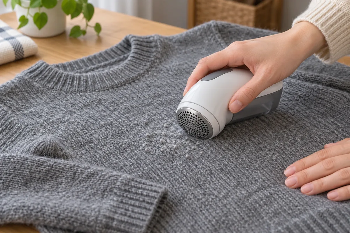 Une main guide sans appuyer un rasoir anti-bouloches muni d’une grille sur un pull gris posé à plat.