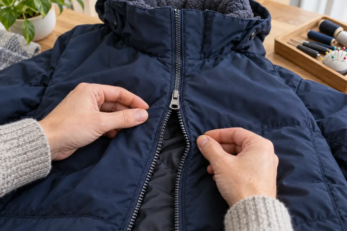 Deux mains examinent la fermeture d’un manteau bleu qui se rouvre sous le curseur malgré des dents intactes.