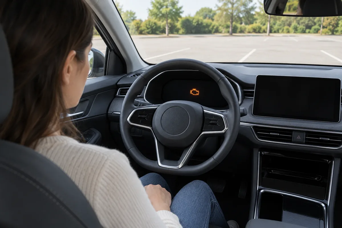 Une conductrice observe un unique voyant moteur orange allumé sur le tableau de bord d’une voiture garée.