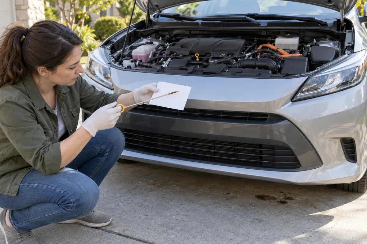 Une femme gantée vérifie le niveau d’huile avec la jauge devant une voiture hybride au moteur froid.
