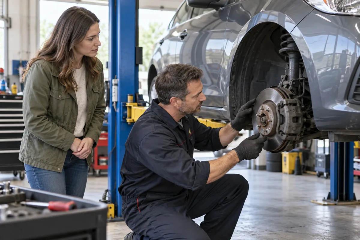 Un mécanicien examine le disque et l’étrier de frein d’une voiture surélevée pendant que sa propriétaire observe.