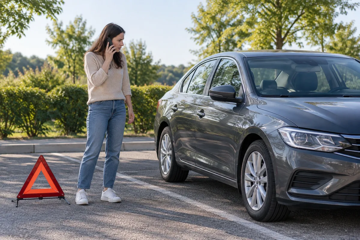 Une conductrice appelle un professionnel près de sa voiture garée et signalée par un triangle de sécurité.