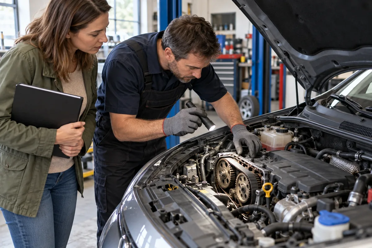 Un mécanicien inspecte la distribution d’une voiture au moteur arrêté pendant que sa propriétaire tient un dossier.