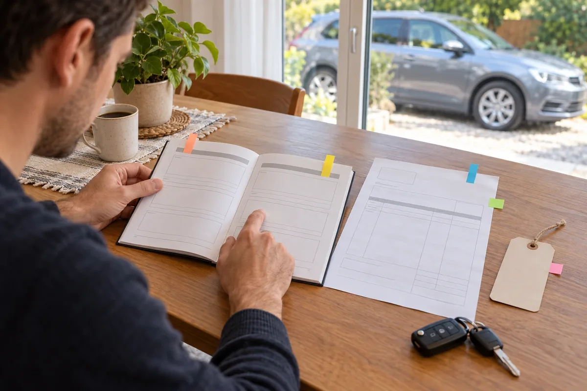 Un automobiliste compare un carnet d’entretien, une facture et une étiquette vierge devant sa voiture garée.
