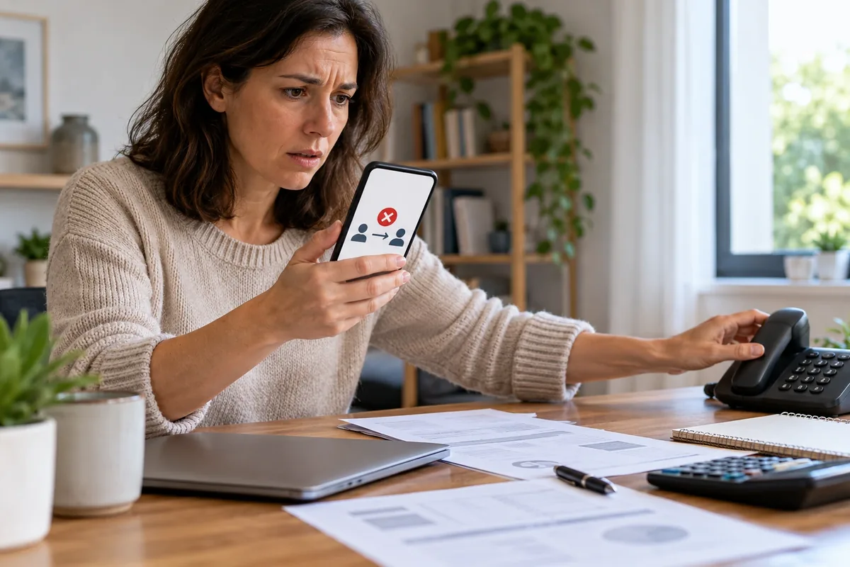 Une femme inquiète regarde un symbole d’erreur de virement sur son téléphone tout en saisissant un combiné.