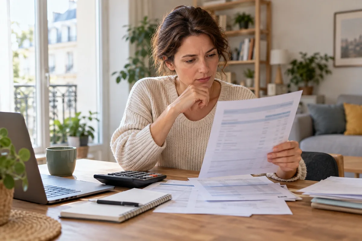 Une femme examine plusieurs relevés bancaires à son bureau, avec une calculatrice et un carnet posés devant elle.