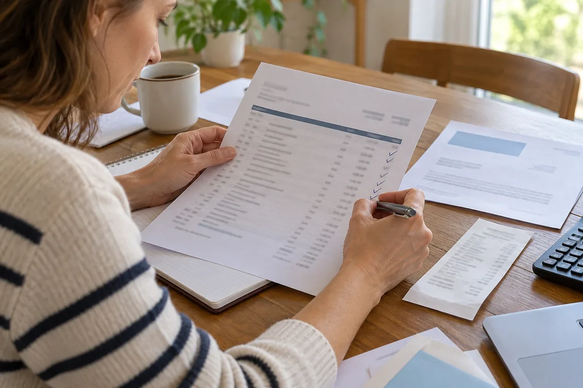 Une femme coche des lignes floutées sur un relevé bancaire, entourée d’un reçu, d’une lettre et d’une calculatrice.