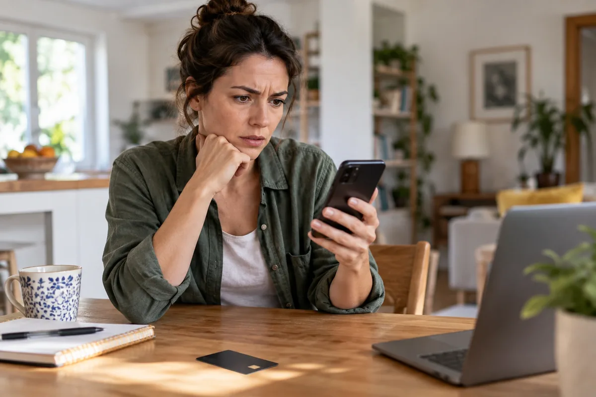 Une femme préoccupée consulte son téléphone, avec une carte bancaire retournée et un ordinateur posés sur la table.