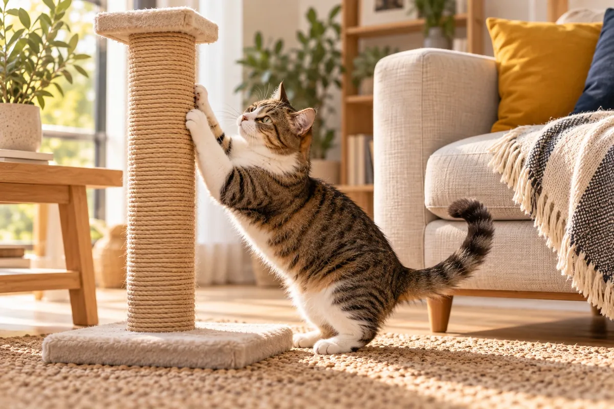 Chat griffant un griffoir vertical placé près d'un canapé