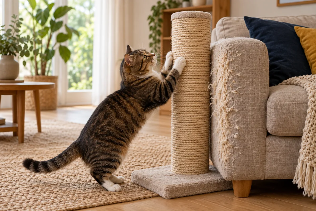 Un chat utilise un griffoir stable installé juste devant l’accoudoir déjà abîmé du canapé.