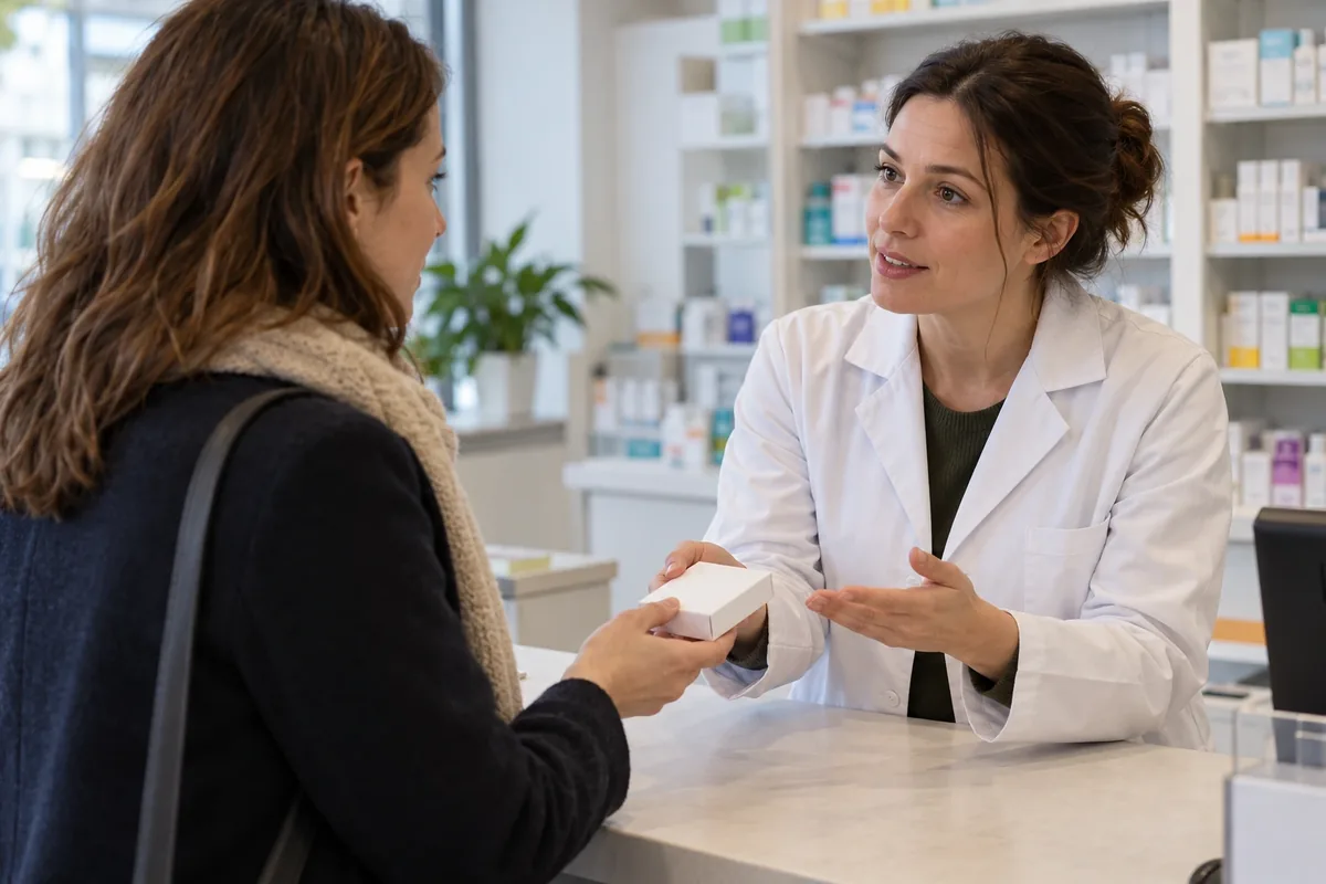 Une pharmacienne remet discrètement une boîte blanche sans inscription à une cliente adulte au comptoir.