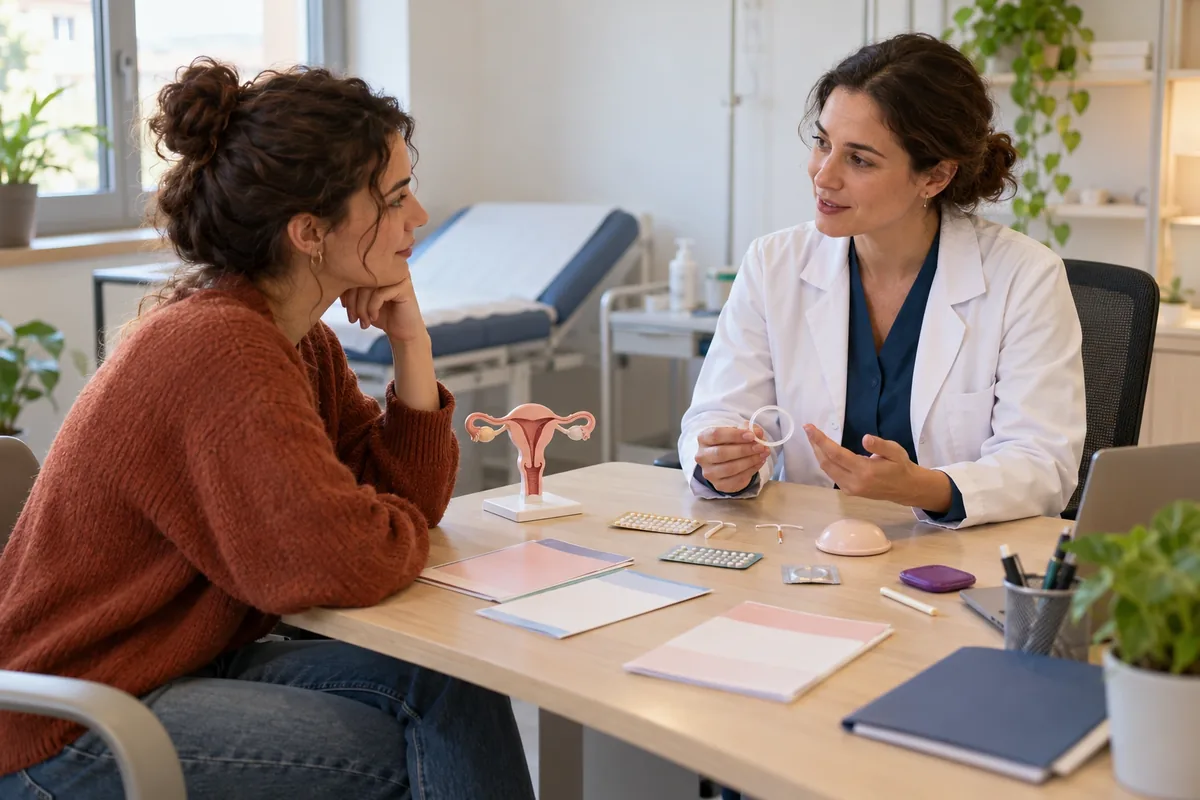 Une professionnelle de santé présente plusieurs méthodes contraceptives à une patiente adulte dans un cabinet lumineux.