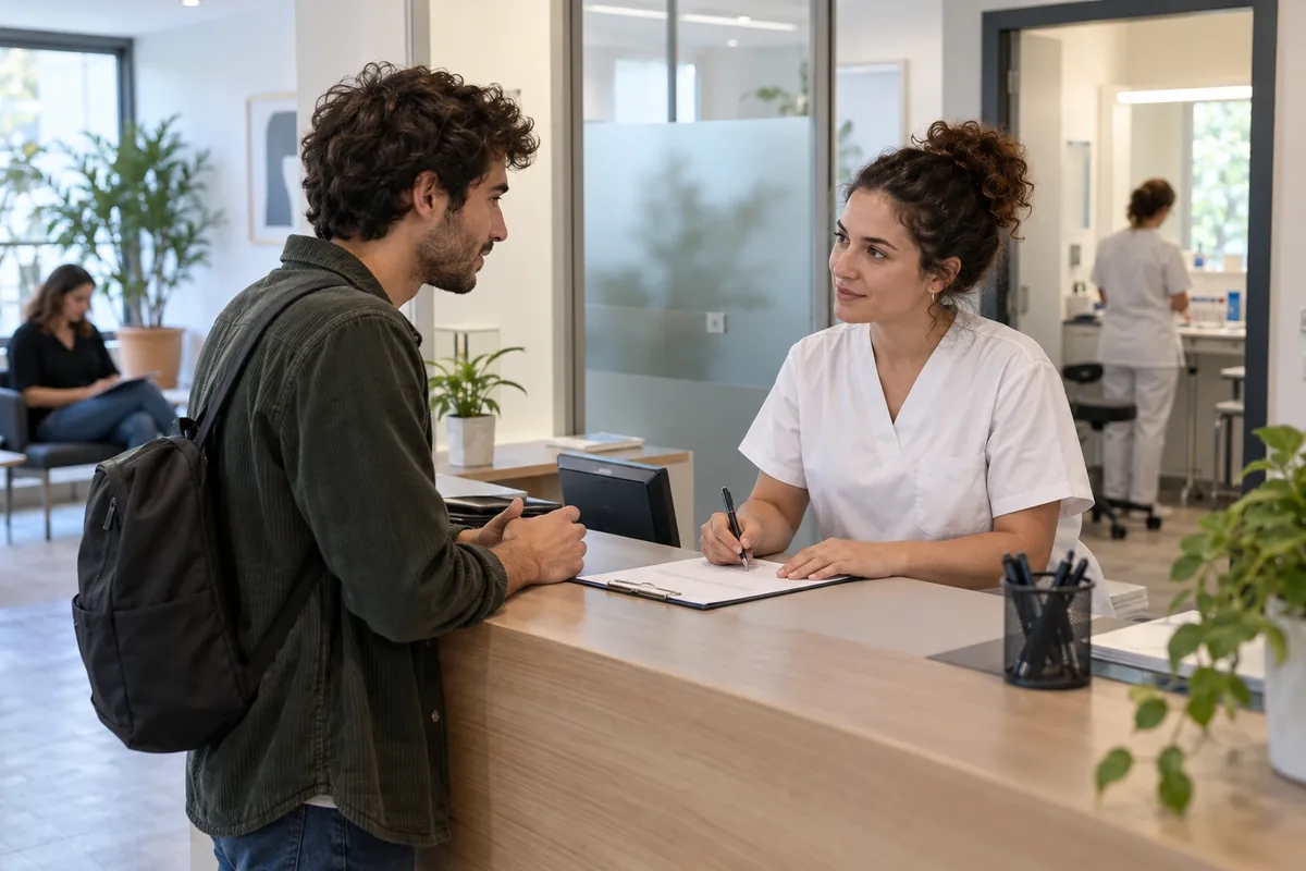 Un homme échange discrètement avec une soignante à l’accueil vitré d’un centre de dépistage lumineux.