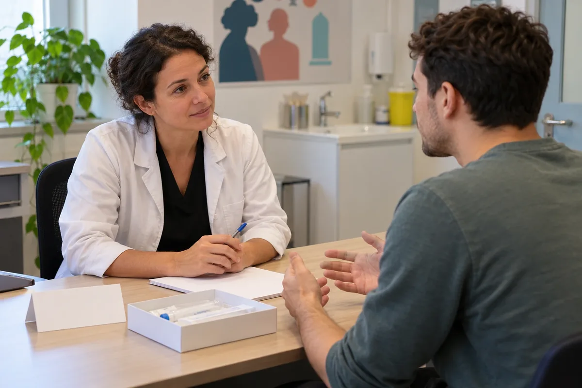Une professionnelle écoute un homme adulte dans un bureau confidentiel, avec un kit neutre posé sur la table.