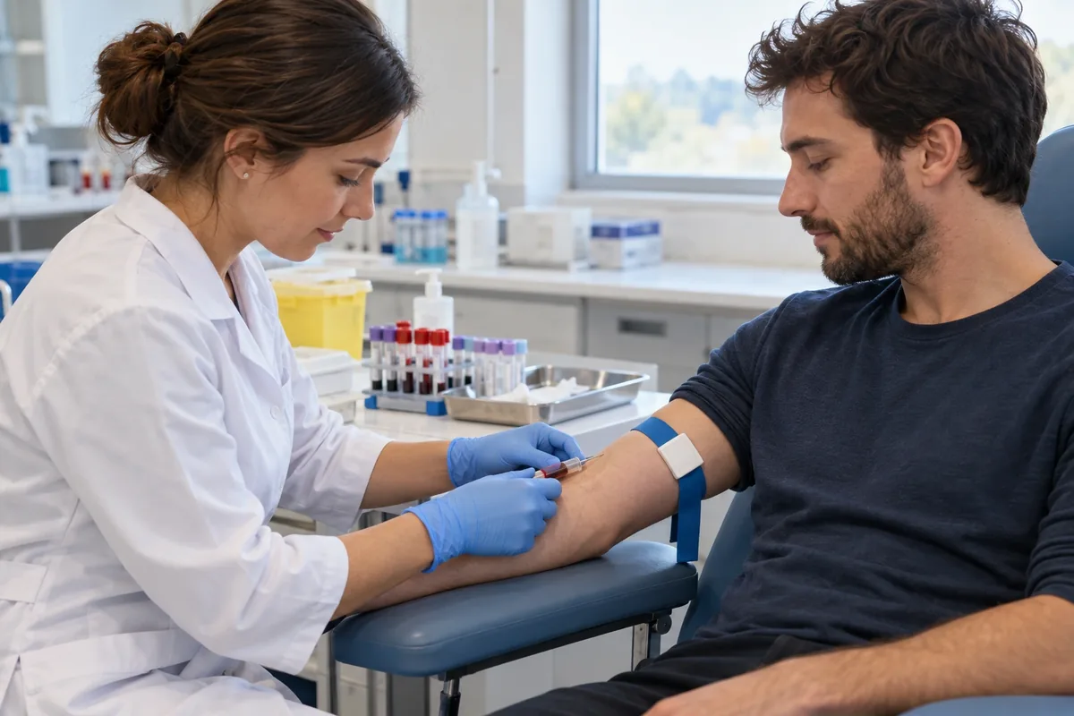Une technicienne gantée réalise une prise de sang au bras d’un homme assis dans un laboratoire médical.