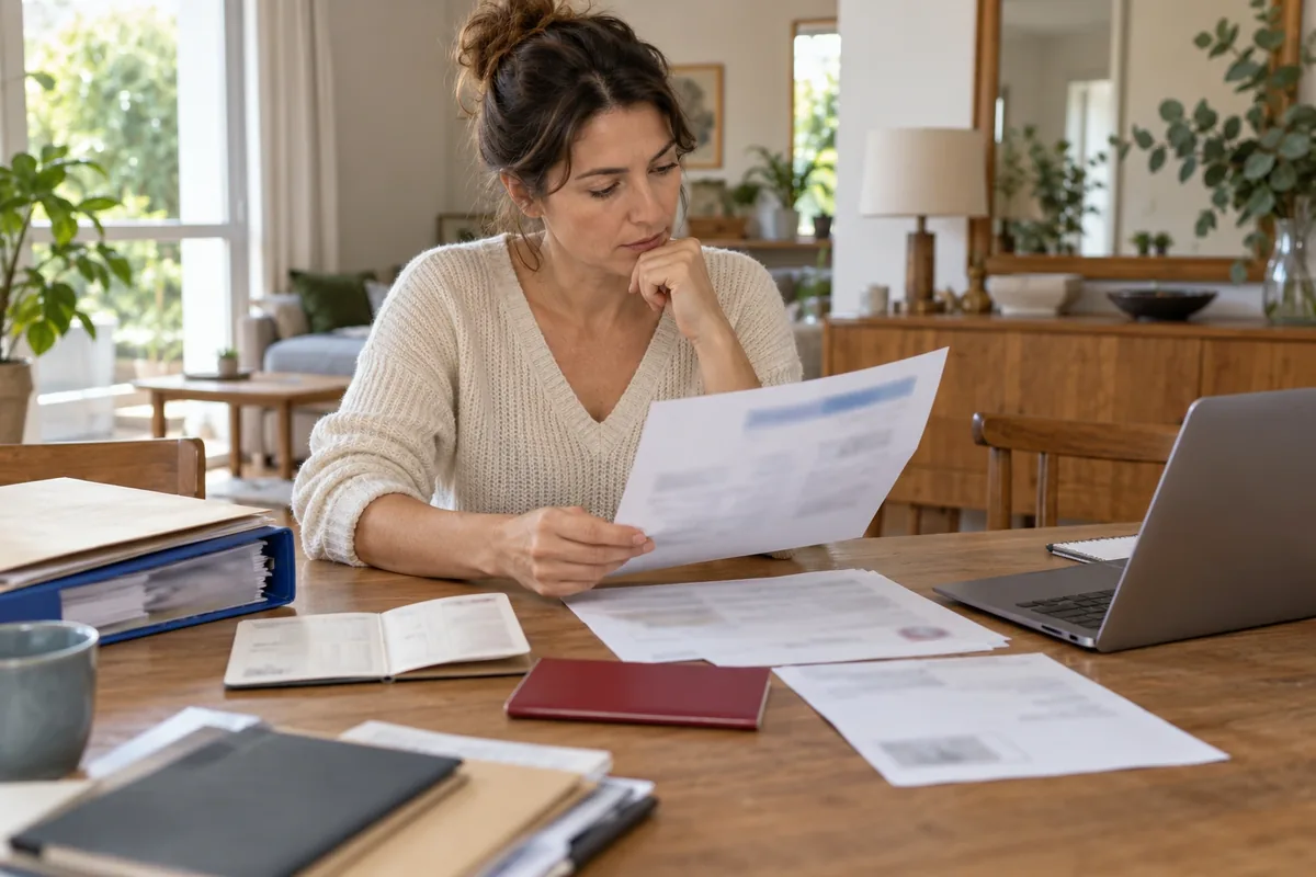 Une femme trie d’anciens relevés et livrets bancaires floutés, entourée de dossiers et d’un ordinateur.