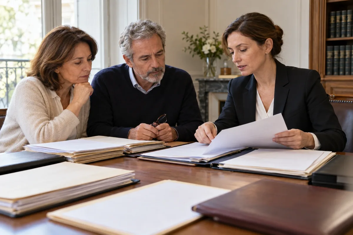 Une notaire examine des dossiers bancaires non lisibles avec deux proches assis autour d’une grande table.