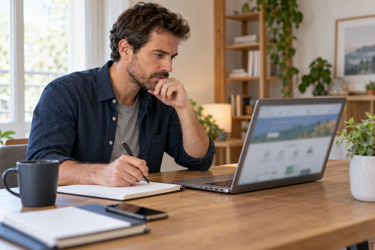 Un homme examine attentivement un site d’investissement flouté sur son ordinateur tout en prenant des notes.