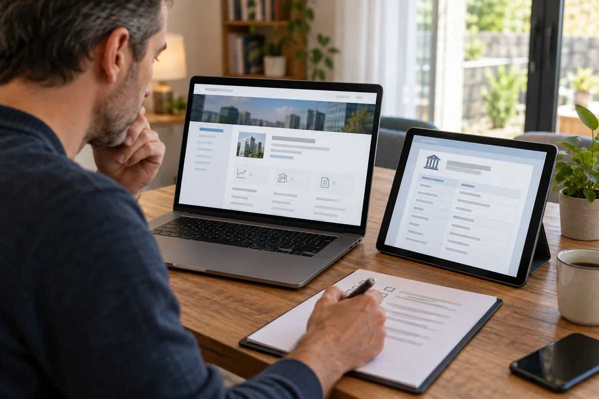 Un homme compare des informations d’entreprise floutées sur un ordinateur et une tablette à l’aide d’une liste.