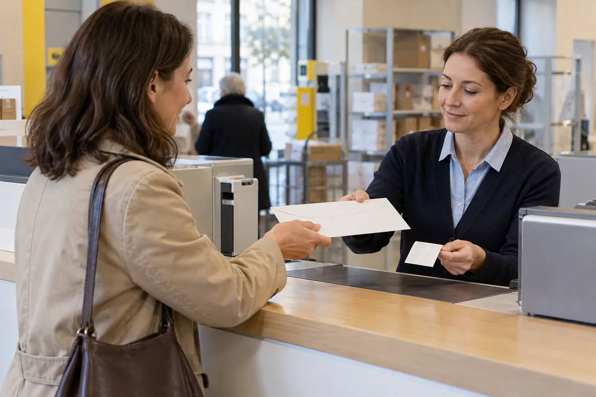 Une femme remet une enveloppe blanche à une employée de guichet qui lui tend un petit reçu non lisible.