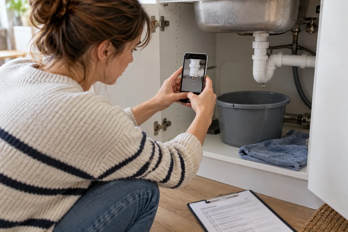 Une femme photographie avec son téléphone une fuite sous l’évier, au-dessus d’une bassine et près d’un document flouté.