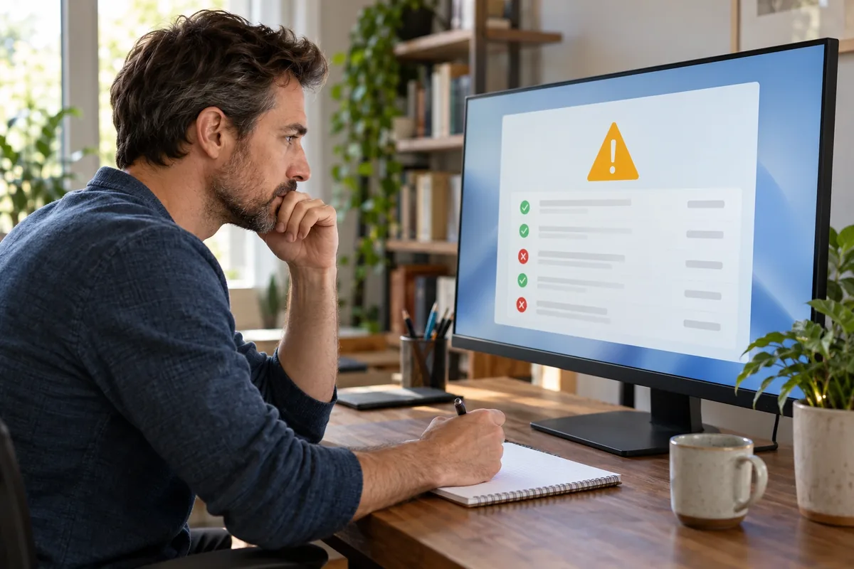 Un adulte observe sur un ordinateur un contrôle abstrait de compatibilité avec des icônes d’alerte et de validation.