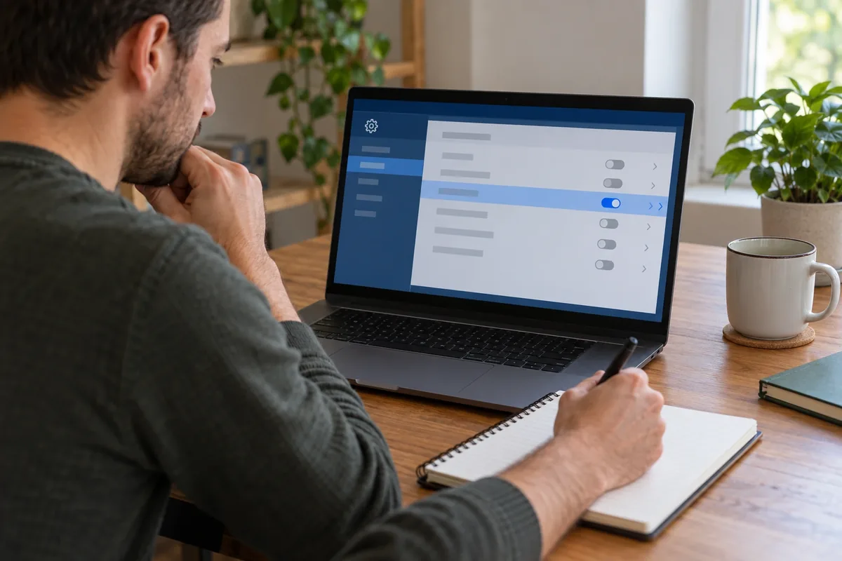 Un adulte consulte une interface de firmware générique affichant des options neutres et des interrupteurs graphiques.