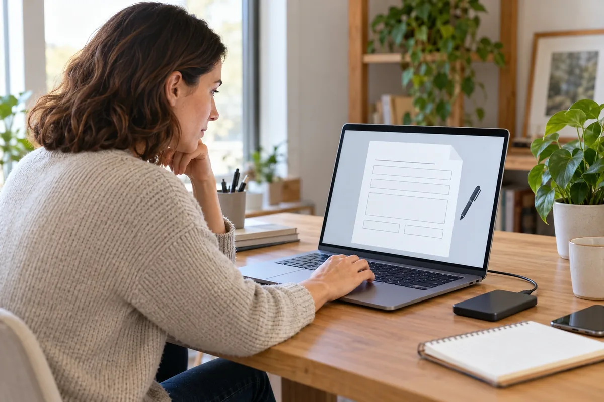 Un adulte travaille sur un document PDF générique affiché sur un ordinateur portable posé sur un bureau clair.