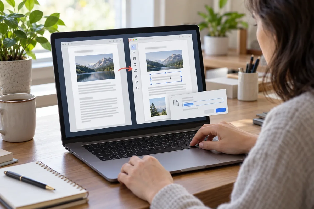 Un adulte annote un document générique sur ordinateur avec des outils graphiques dépourvus de texte lisible.