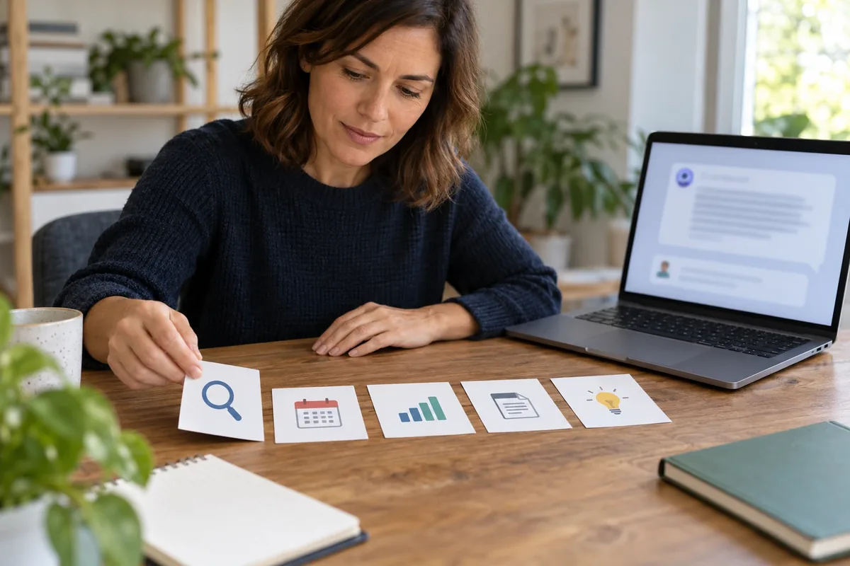 Un adulte classe sur écran des cartes abstraites représentant différents éléments d’une réponse à contrôler.
