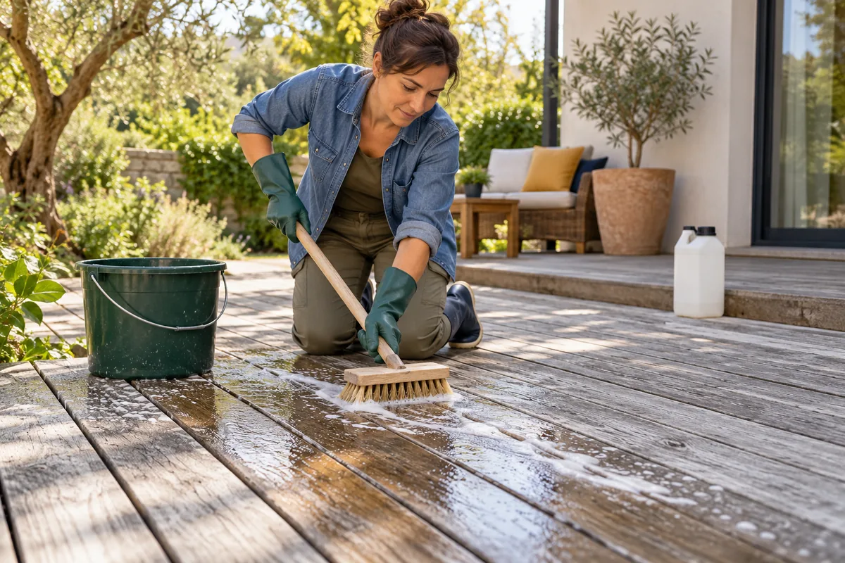Une femme gantée brosse des lames de terrasse grisées avec une solution nettoyante.
