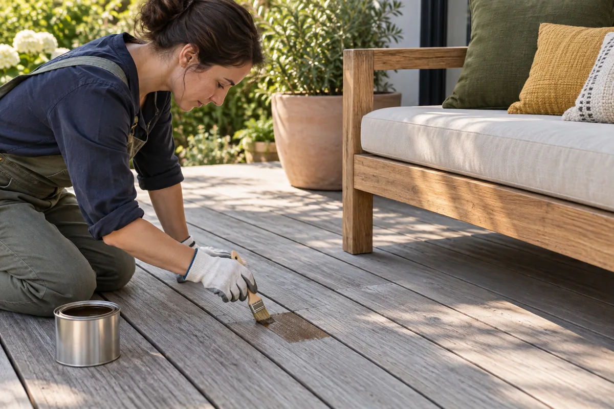 Une personne gantée applique au pinceau un petit essai de produit sur une zone réduite des lames grisées d’une terrasse en bois.