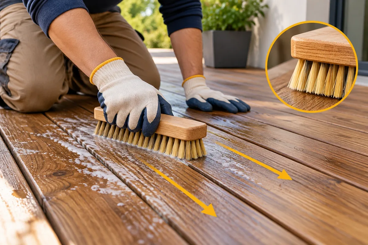 Brossage d'une lame de terrasse en bois dans le sens des fibres