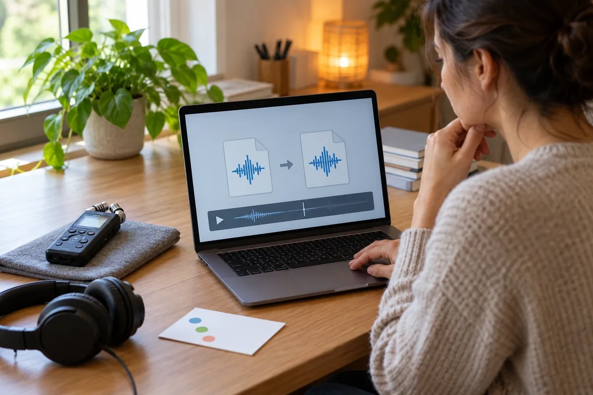 Une femme prépare une copie d’un fichier audio sur ordinateur tandis que l’enregistreur original reste à côté.