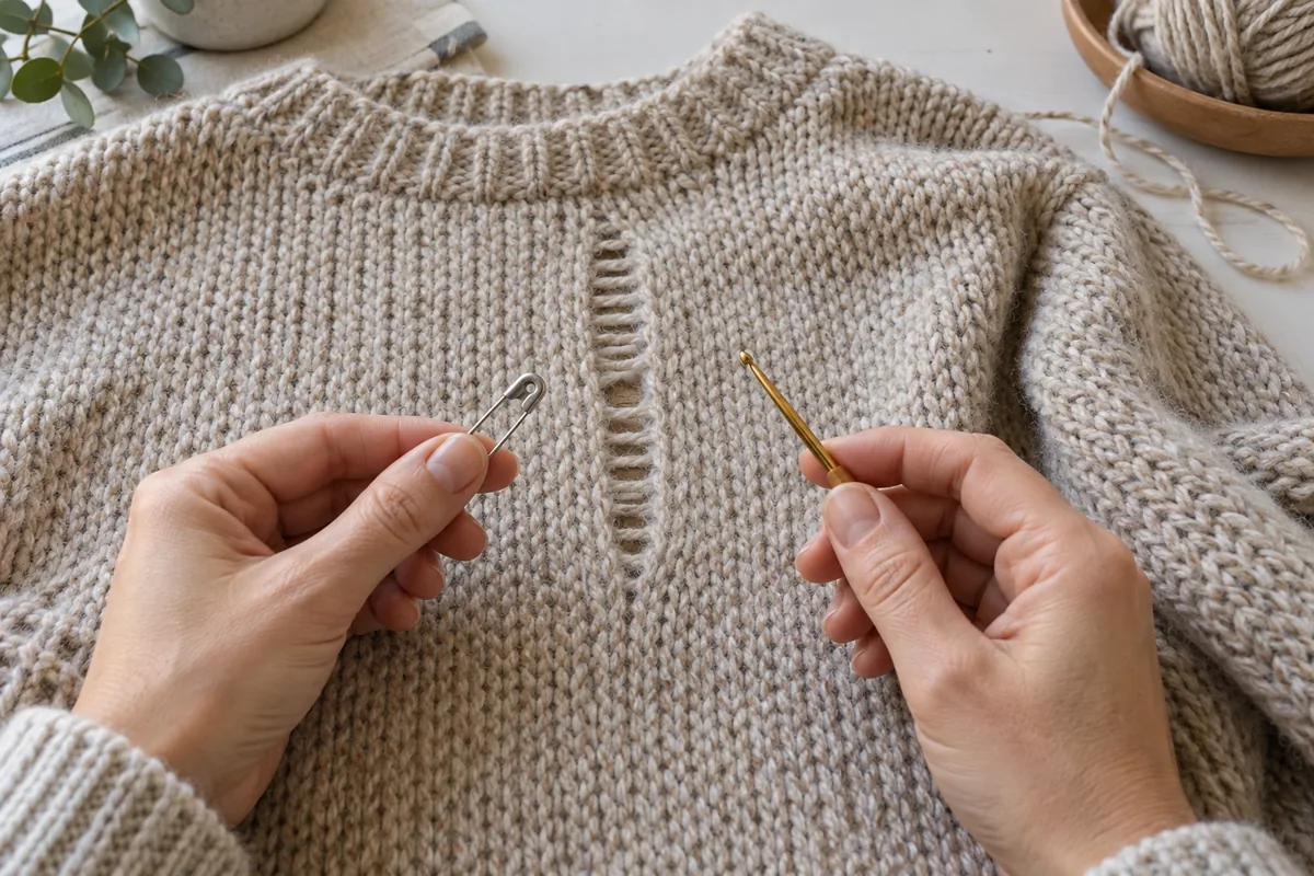 Un pull posé à plat présente une échelle de maille filée entre deux colonnes, avec un crochet et une épingle.