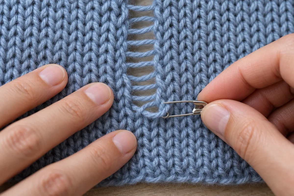 Une main place une épingle à nourrice dans la boucle basse d’une maille filée pendant que l’autre maintient le tricot.