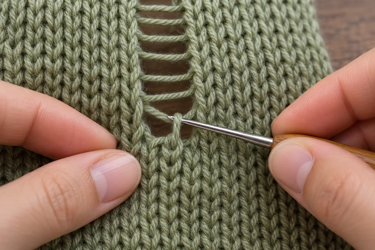 Un crochet fin fait passer une barre horizontale dans la boucle basse d’une maille filée sur un tricot vert.