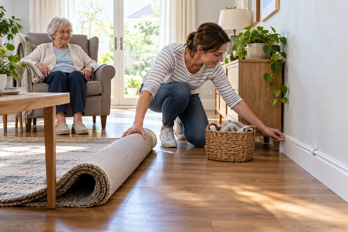 Une femme roule un tapis et fixe un câble contre le mur pour libérer le passage devant une personne âgée assise.