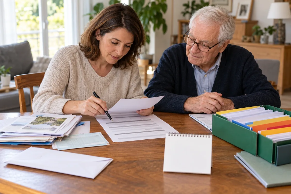 Une femme organise des formulaires, des copies et des chemises colorées avec son père assis à ses côtés.