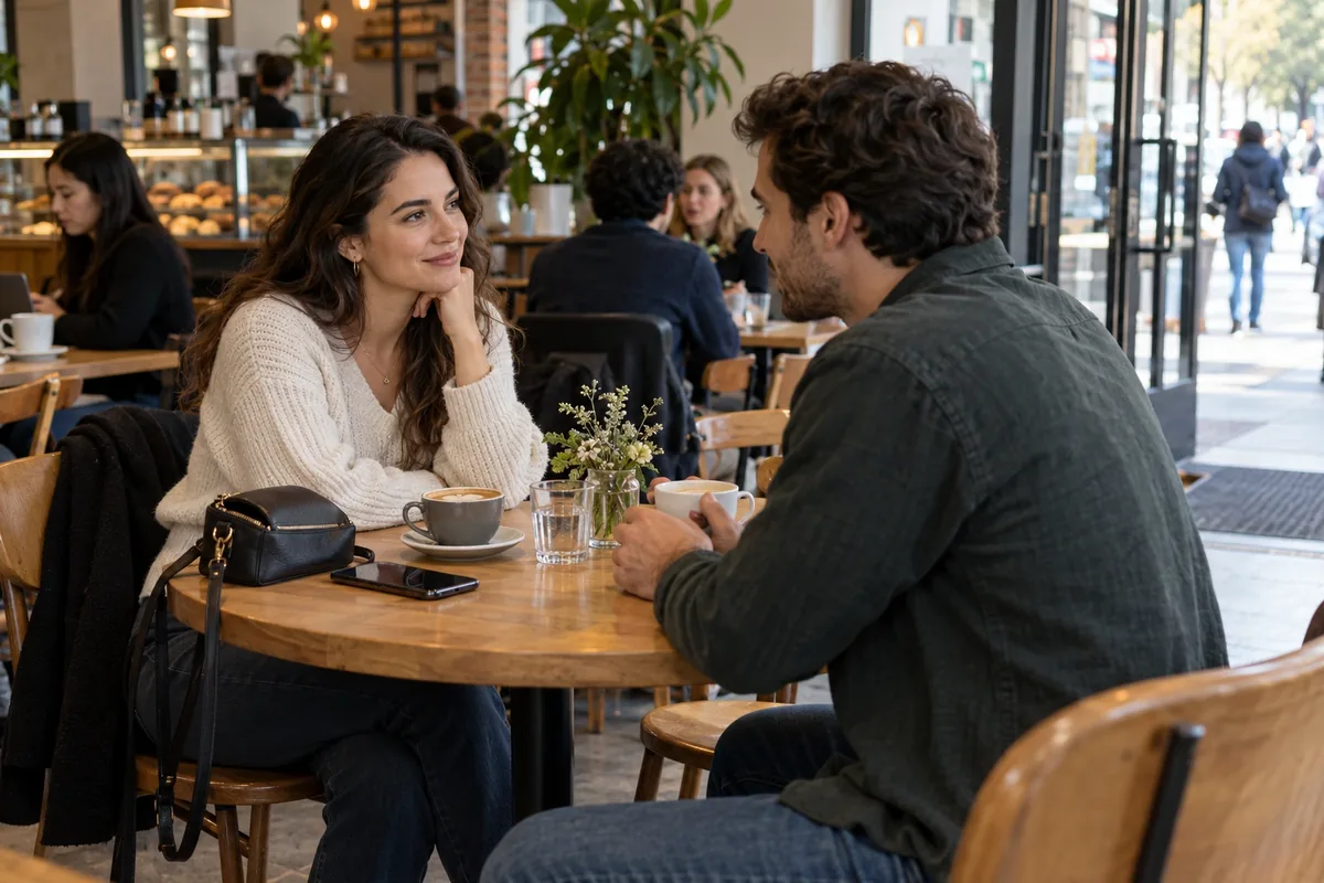 Deux adultes discutent à une table dans un café fréquenté, près du comptoir et de la sortie donnant sur la rue.