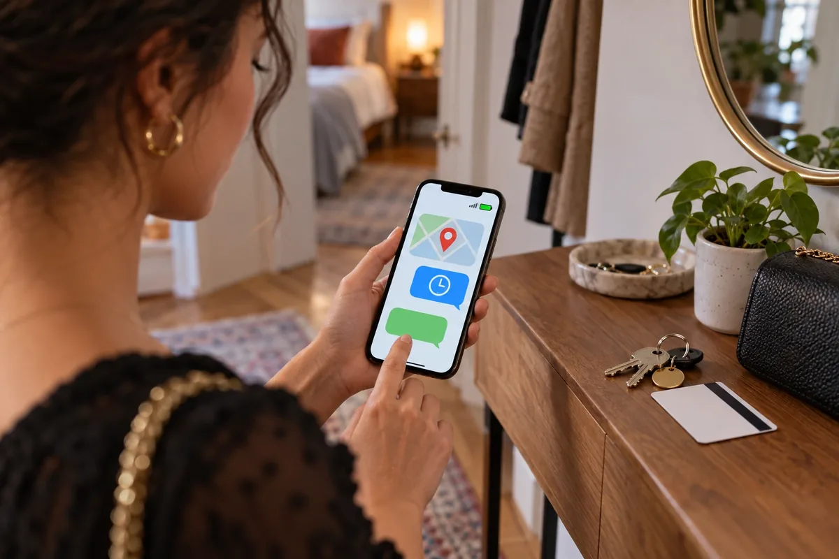 Une femme envoie depuis chez elle un plan de rendez-vous illustré par une carte et des bulles abstraites sur son téléphone.