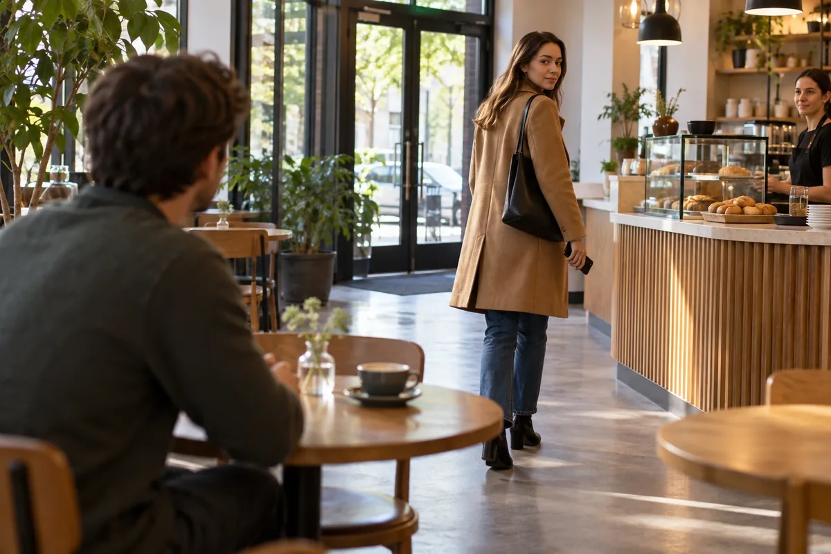 Une femme quitte calmement une table de café vers le comptoir et la sortie pendant que son interlocuteur reste assis.