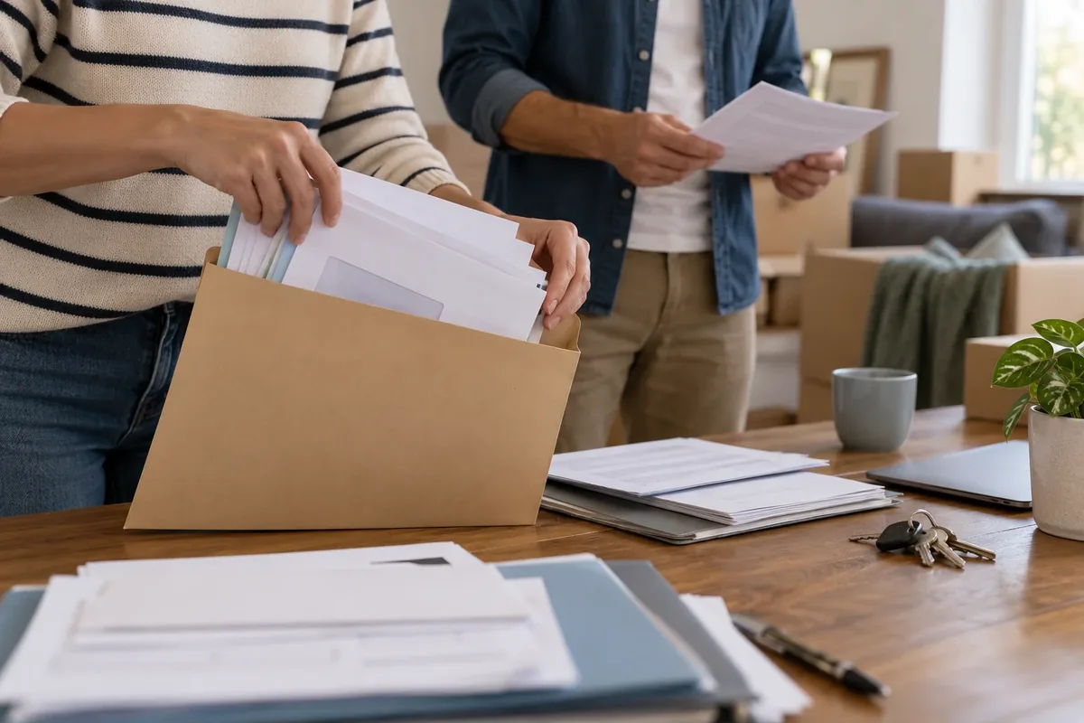 Des mains conservent des justificatifs avec les documents d'une séparation.
